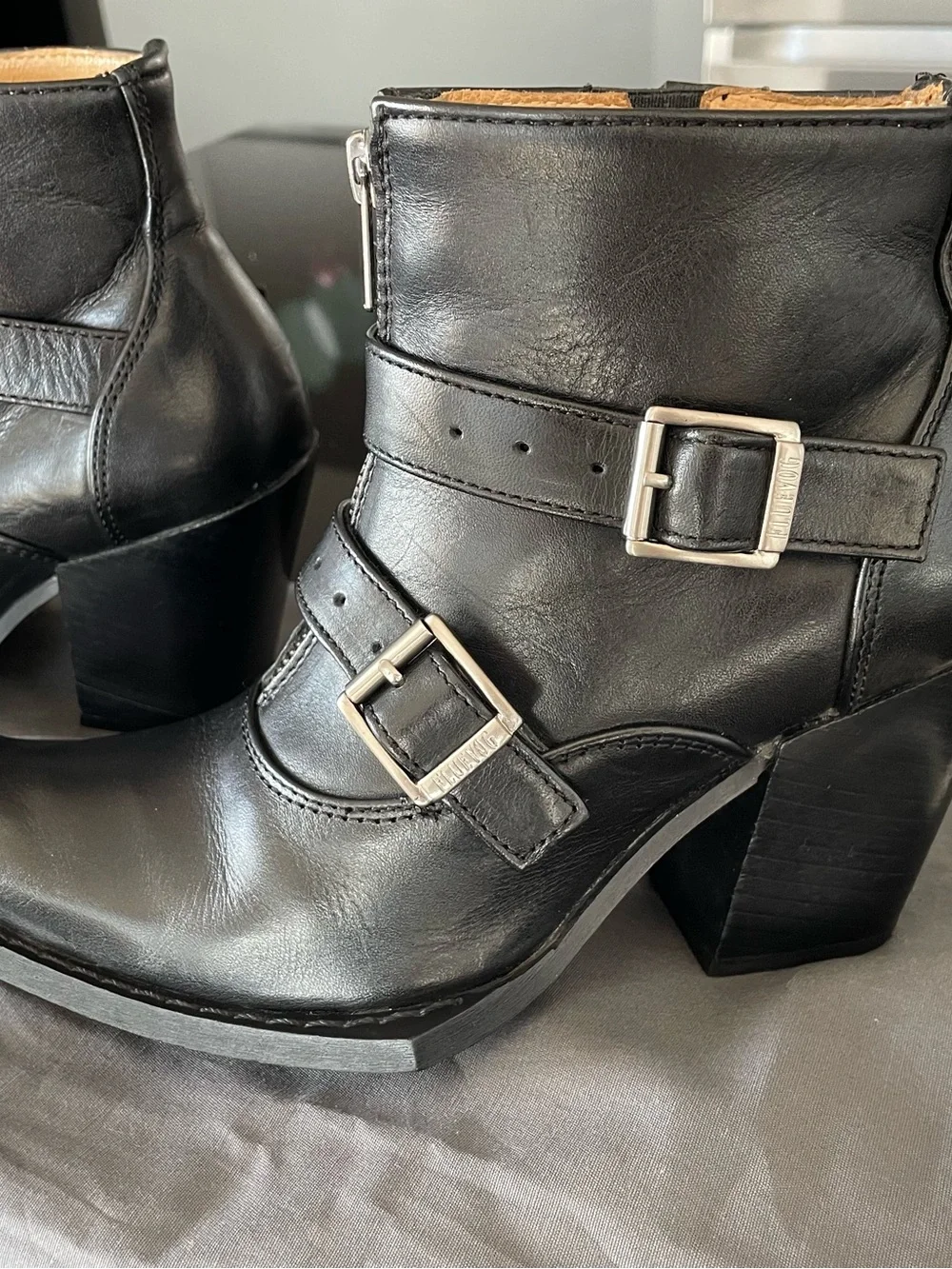 John Fluevog, black swordfish buckle/zip boot. Size 7.